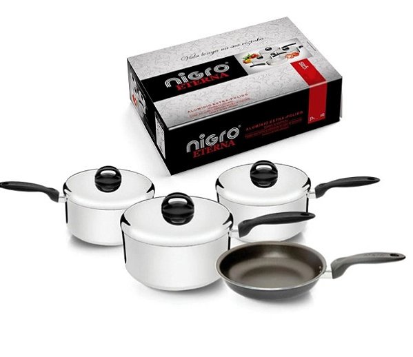Conjunto de panelas ETERNA NIGRO, 4 peças com frigideira antiaderente, polido. Cod. 025179