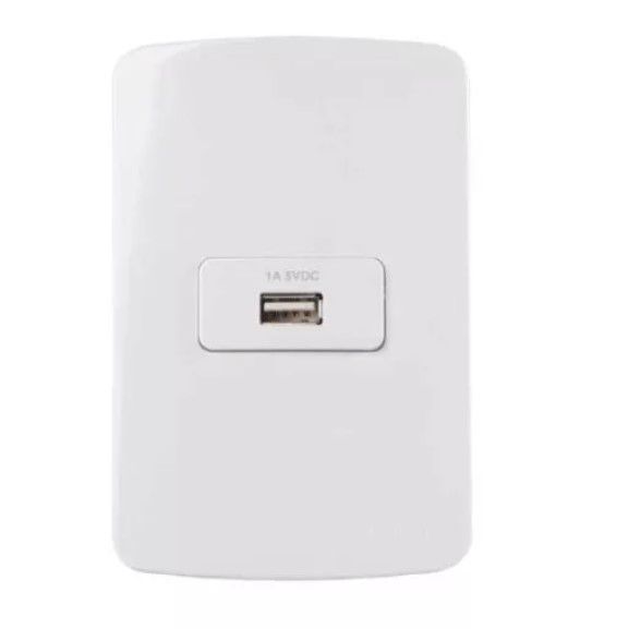Conjunto Tomada Carregador USB 1A Bivolt Branco Linha B3 MARGIRIUS. Cod. 19455