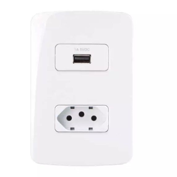 Conjunto Tomada Carregador USB 1A Bivolt + Tomada 2P+T 10A 250V Branco Linha B3 MARGIRIUS. Cod. 19438