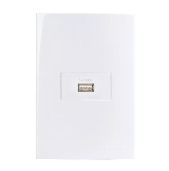 Conjunto Tomada Carregador USB 1A Bivolt 4x2" Branco Linha Sleek MARGIRIUS. Cod. 16333