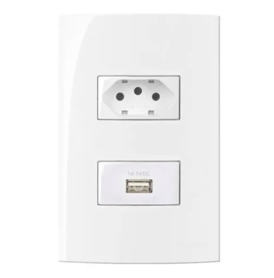 Conjunto Tomada Carregador USB 1A Bivolt + Tomada 2P+T 10A 250V 4x2" Branco Linha Sleek MARGIRIUS. Cod. 17373