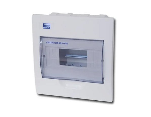 Quadro de distribuição de plástico de embutir para 8 minidisjuntores, tampa acrílica fumê, vazio, WDQ02, WEG. Cod. 11377482