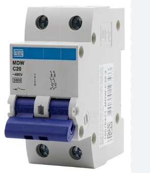 Disjuntor mini termomagnético, 20A, curva C, bipolar, MDW-C20-2, WEG. Cod. 10076423