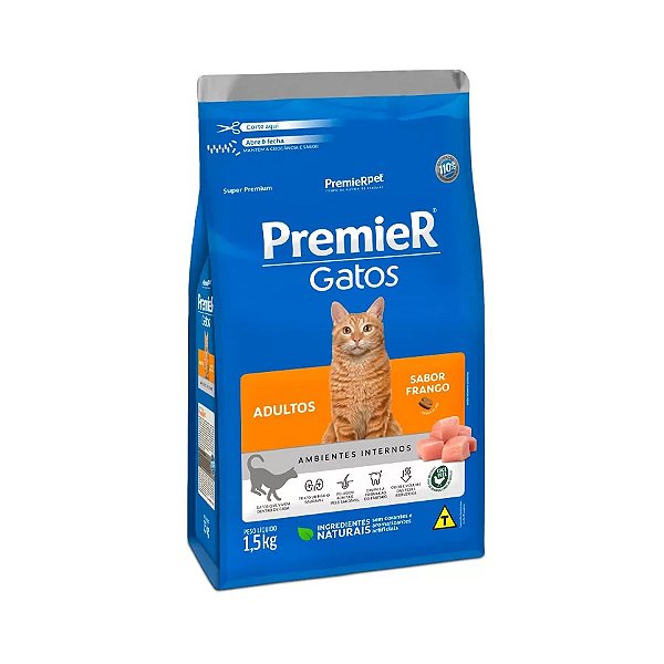Ração Ambientes Internos, Gato Adulto Frango. 1,5kg. PREMIER. Cod. 3014042