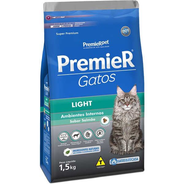 Ração Ambientes Internos, Gato Adulto Light Salmão. 1,5kg. PREMIER. Cod. 3014022