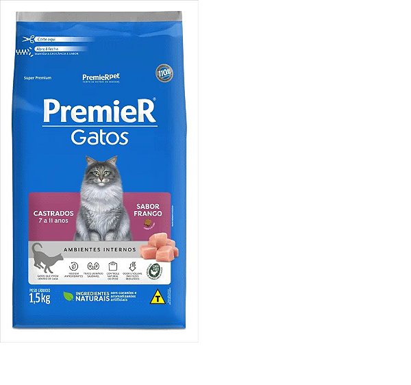 Ração Ambientes Internos, Gato Castrado 7 a 11 anos Frango 1,5KG. PREMIER. Cod. 3014282