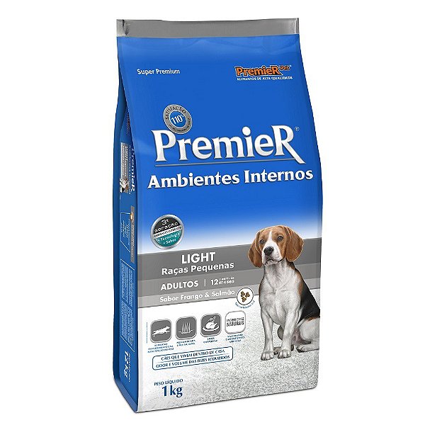 Ração Ambientes Internos, Cão Adulto  Light Frango e Salmão 1 KG. PREMIER. Cod. 3002085