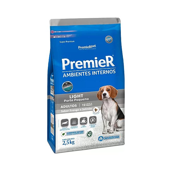 Ração Ambientes Internos, Cão Adulto  Light Frango e Salmão 2,5 KG. PREMIER. Cod. 3002081