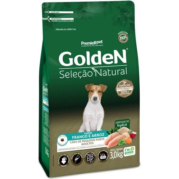 Ração Seleção Natural, Cães Adultos Mini Bits Frango e Arroz  3KG. GOLDEN. Cod. 3032022