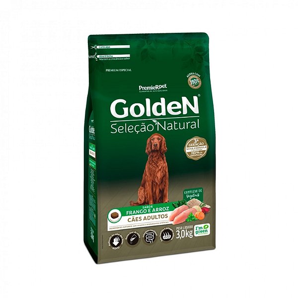 Ração Seleção Natural, Cães Adultos Frango e Arroz 3KG. GOLDEN. Cod. 3032001