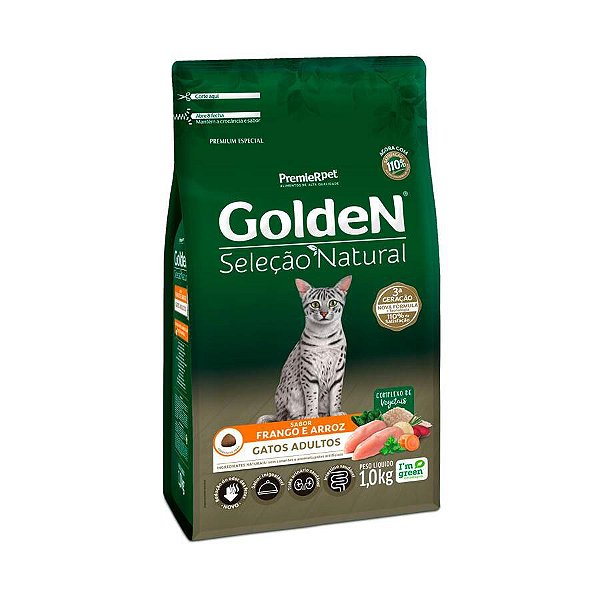 Ração Seleção Natural, Gato Adulto Frango e Arroz 1KG. GOLDEN. Cod. 3033001
