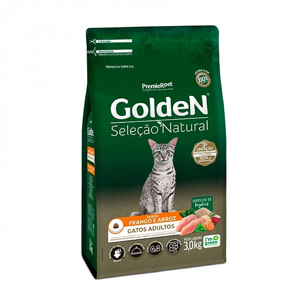 Ração Seleção Natural, Gato Adulto Frango e Arroz 3KG. GOLDEN. Cod. 3033002