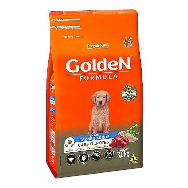 Ração Fórmula, Cão Filhote Carne e Arroz 3 KG. GOLDEN. Cod. 3007043