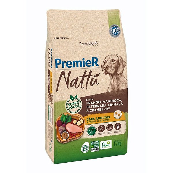 Ração Nattu, Cães Adultos, Frango Mandioca, 12KG. PREMIER. Cod 3038001