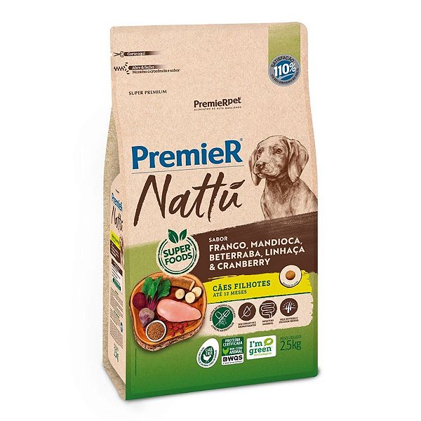Ração Nattu Cães Filhotes, Frango Mandioca, 2,5KG PREMIER. Cod 3039001