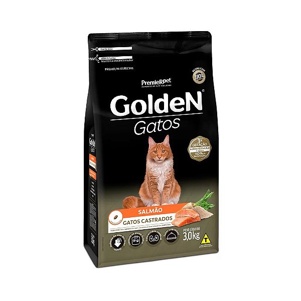 Ração Gato Adulto Castrado Salmão 3 KG. GOLDEN. Cod. 3024013