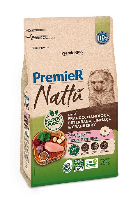 Ração Nattu Cães Filhotes Pequeno Porte, Frango Mandioca 2,5KG PREMIER. Cod 3039022