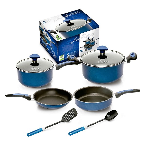 Conjunto de panelas LINEA BLU. CRIATIVA NIGRO. 6 pç. Antiaderente. Tampa de vidro. Azul. Cod. 025830