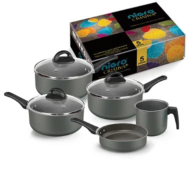 Conjunto de panelas CRIATIVA, 5 peças, antiaderente, tampa vidro.NIGRO.