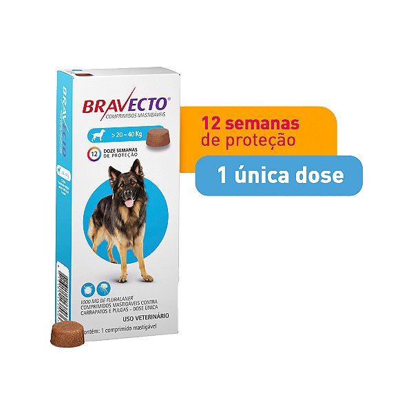 Antipulgas e Carrapatos Bravecto para Cães de 20kg a 40kg.MSD. Cod.115061