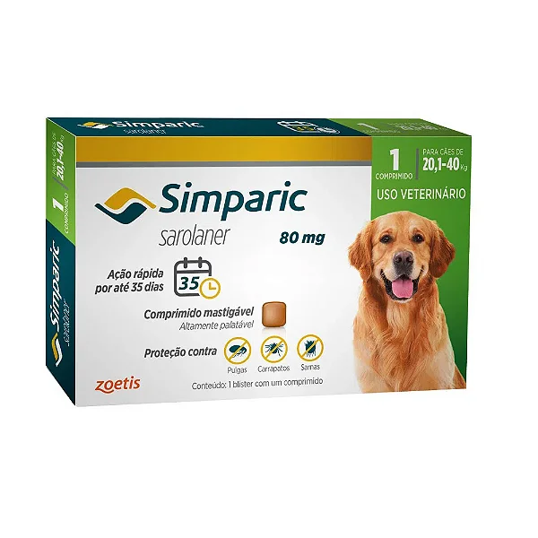 Antipulgas e carrapatos SIMPARIC para cães de 20kg a 40kg. cod. 10015852