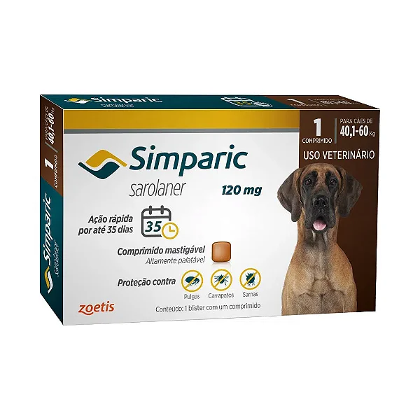 Antipulgas e carrapatos SIMPARIC para cães de 40kg a 60kg. cod. 10015853