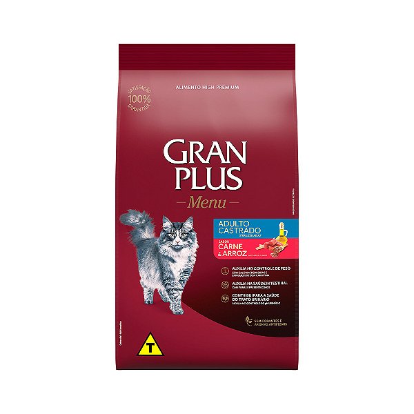 Ração Menu, Gato Castrado, Carne e Arroz 10,1 KG. GRAN PLUS. Cod. 12299