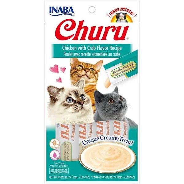 Petisco churu para gatos, galinha com aroma de caranguejo 4 tubos. INABA. Cod. 1812
