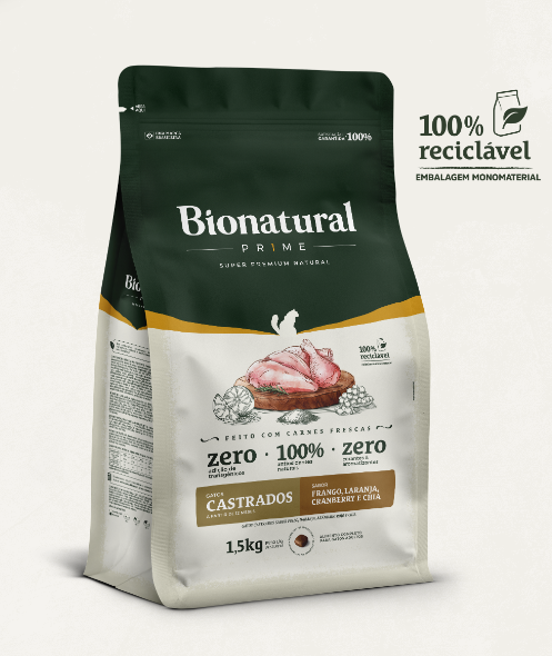 Ração bionatural gato castrado frengo, laranja, cranberry e chia 20kg. SPECIAL DOG. Cod.1500555003004