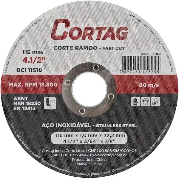 Disco de corte inox 115mmx1,0x22,22. CORTAG. Cod.824500