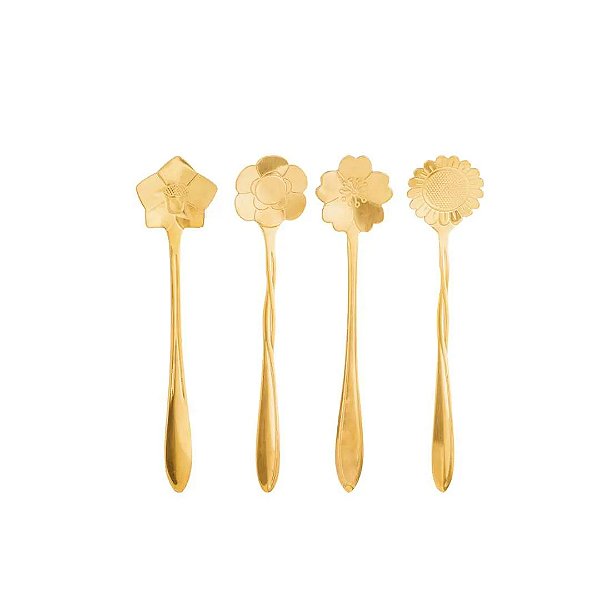 Conjunto 4 colheres Inox para Chá Flores Dourado - Wolff