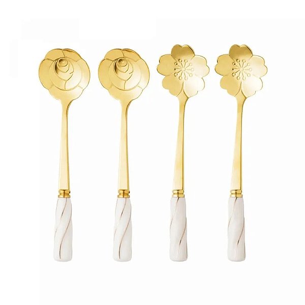 Conjunto 4 Colheres de Chá de Aço Inox com Cabo de Cerâmica Flowers Dourado/Branco - Wolff