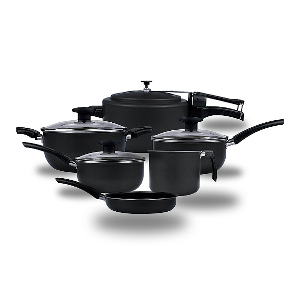 Jogo Kit de Panelas Variadas com Panela de Pressão 6 Peças (Preto)