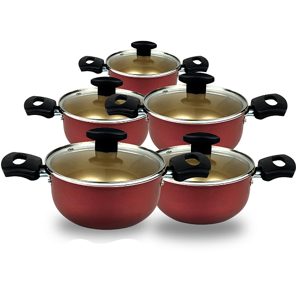 Jogo De Panelas Caçarola 16 à 24 Antiaderente (Cereja e Bege)