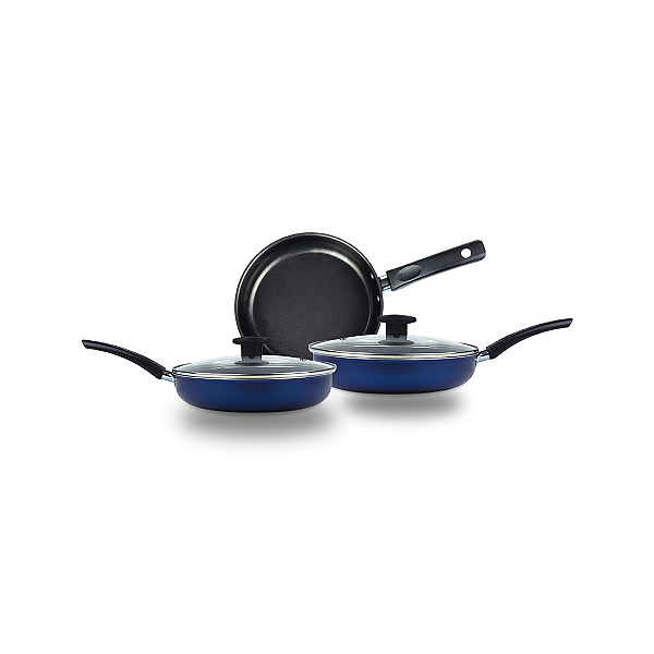 Conjunto Frigideira Antiaderente 3 Peças Com Tampa De Vidro. (Azul e Preto)