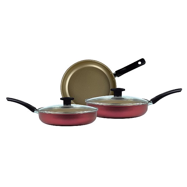 Conjunto Frigideira Antiaderente 3 Peças Com Tampa De Vidro. (Cereja e Bege)