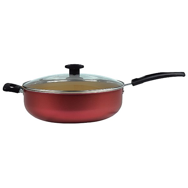 Frigideira Wok 30 Cm Com Antiaderente Teflon E Tampa de Vidro 5.9 Litros (Cereja e Bege)
