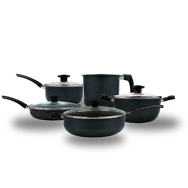 Panela com Cabo Reto + Caçarola + Frigideira + Caneco n°14 + Wok Premium (Preta)