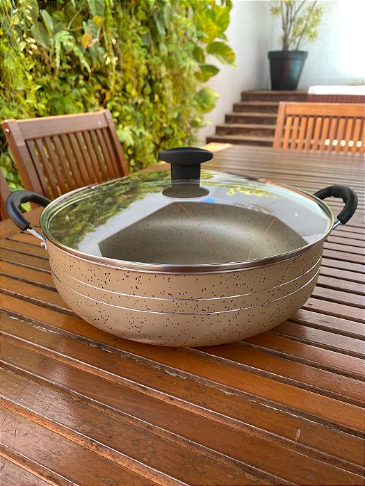 Panela Grande Frigideira Wok Silver Lines Bege Poá Antiaderente com alças + Tampa.