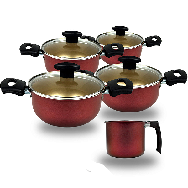 Jogo De Panelas Caçarola 16 à 22 + Canecão n°14 Cereja e Bege Antiaderente.