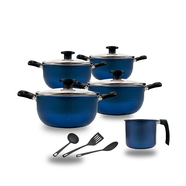 Jogo De Panelas Caçarola 16 à 22 + Canecão n°14 Azul Antiaderente.