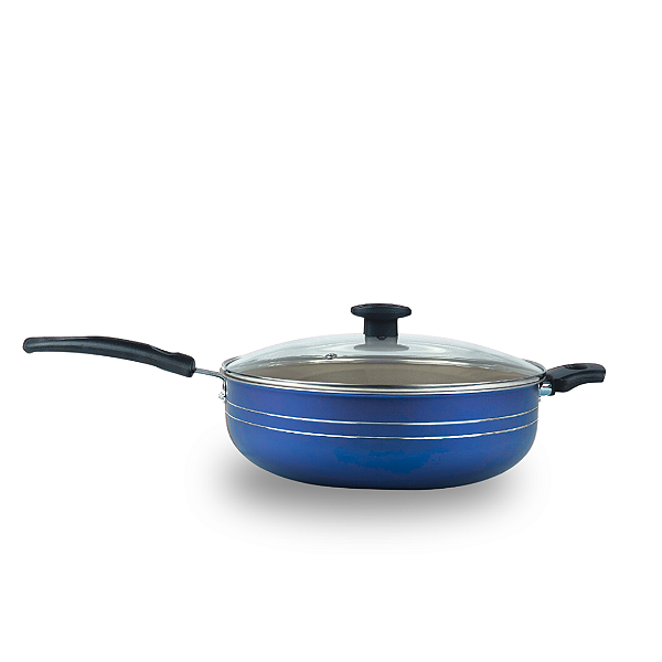 Frigideira Wok Antiaderente com dupla linhas pratas cabo reto Azul + Tampa de Vidro.