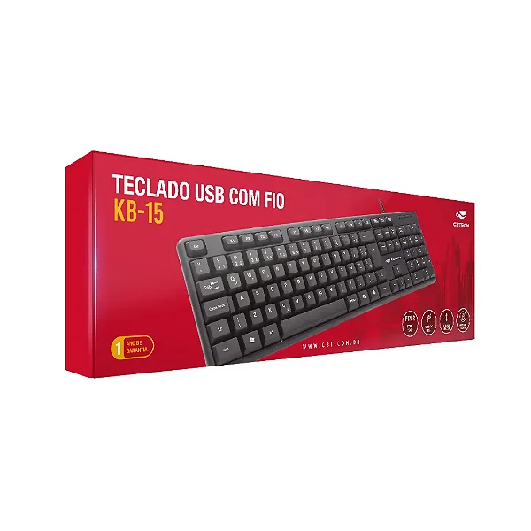 Teclado USB C3 Plus KB-15BK ABNT2 Preto com Conexão USB e Layout Brasileiro