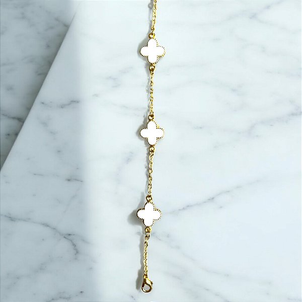 Pulseira Inspiração 3 Trevos Resina Branca Dos 2 Lados