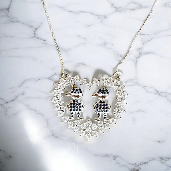 Colar folheado a Prata 2 Meninos Coração Azul