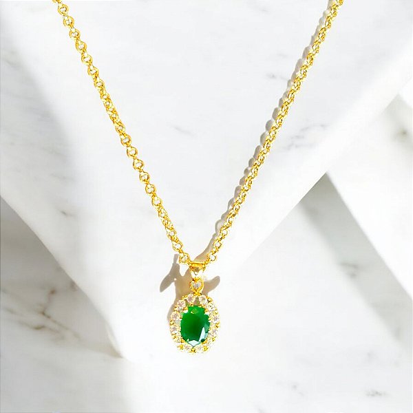 Colar folheado a ouro  Pingente Esmeralda Dourado