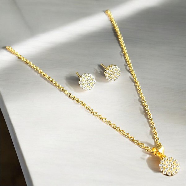 Conjunto folheado a ouro Dourado Esferas Cravejadas