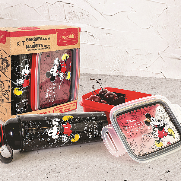 Kit Marmita com Divisória 850 ml e Garrafa 600 ml Homem Aranha Mickey Plasútil