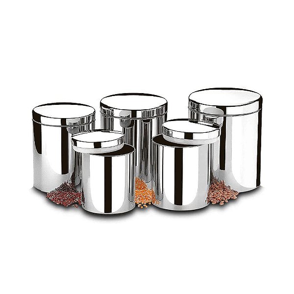Conjunto Potes Inox Para Mantimentos Tampa 5 Peças Cozinha