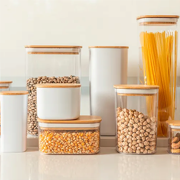 Pote Porta Mantimento Quadrado Arroz Feijão Com Tampa de Bambu Ou